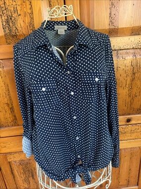 Passport Navy and White Polka Dot Button-Front Tie Hem Shirt